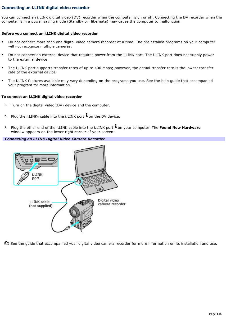Connecting an i.link digital video recorder | Sony VGN-B100P User Manual | Page 105 / 205