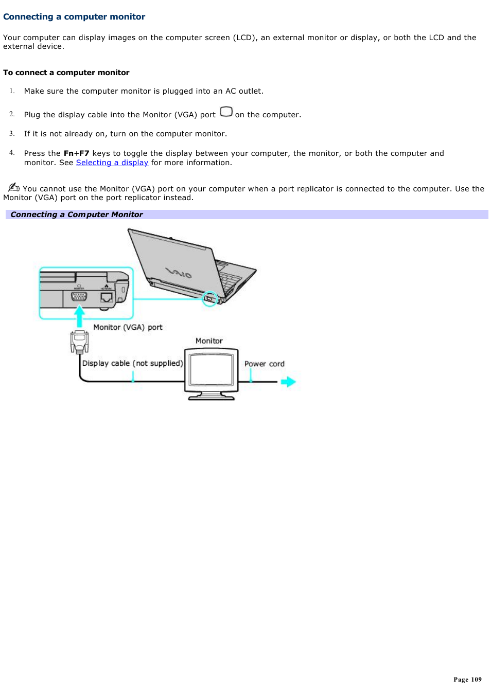 Connecting a computer monitor | Sony VGN-B100P User Manual | Page 109 / 205