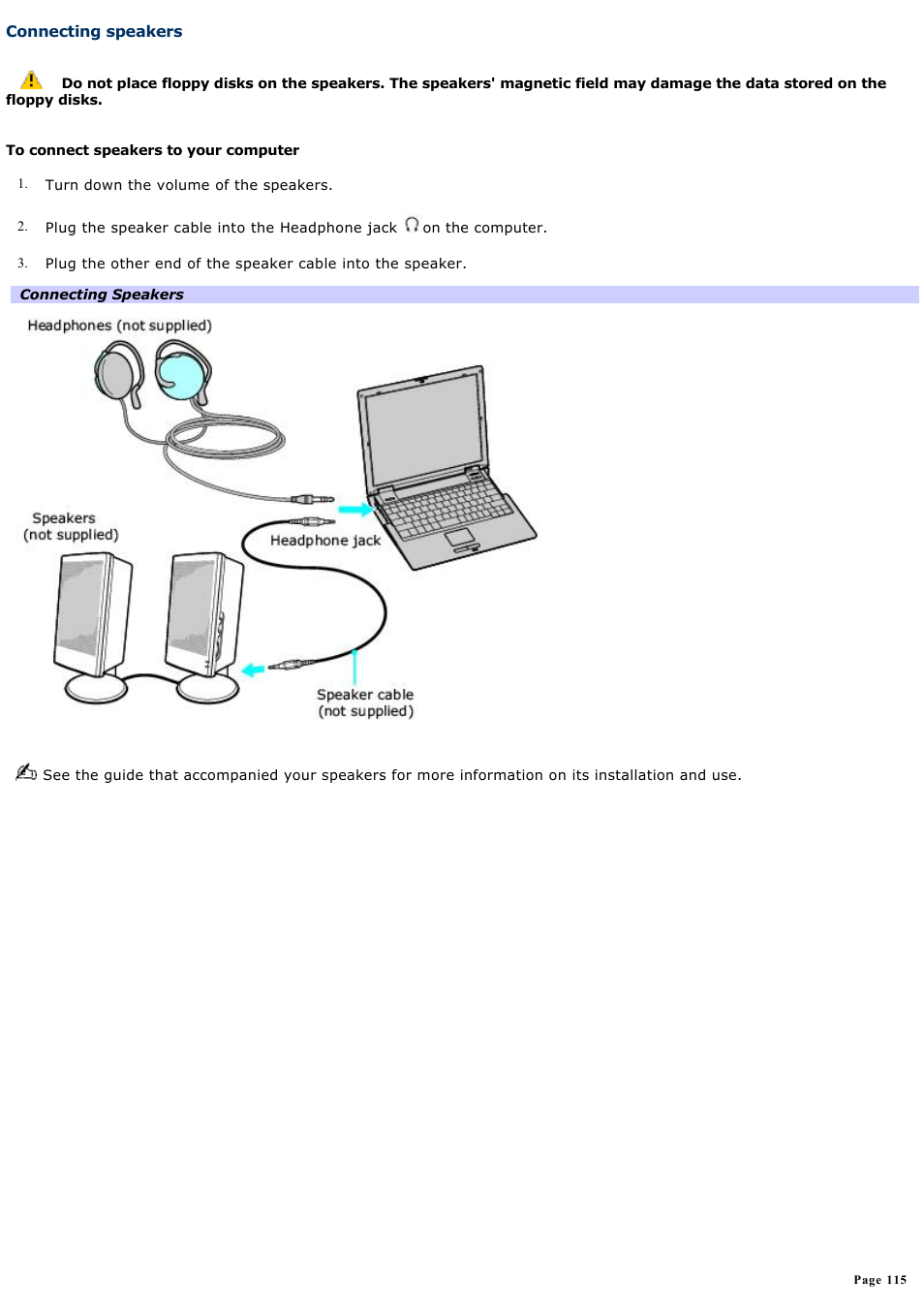 Connecting speakers | Sony VGN-B100P User Manual | Page 115 / 205