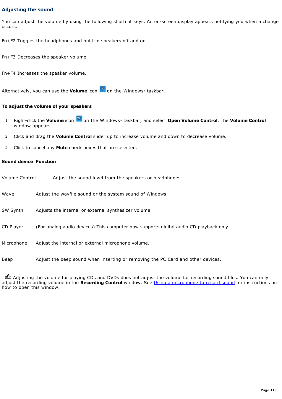 Adjusting the sound | Sony VGN-B100P User Manual | Page 117 / 205