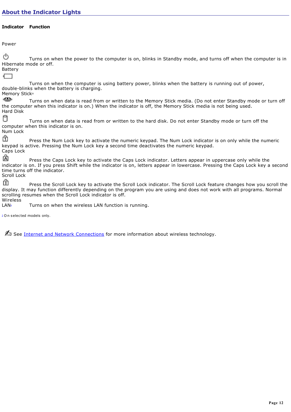 About the indicator lights | Sony VGN-B100P User Manual | Page 12 / 205