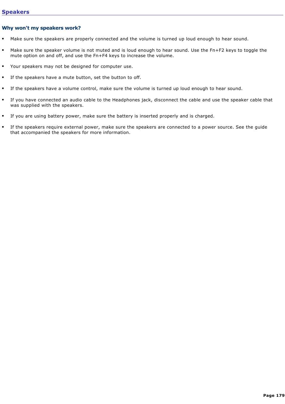 Why won't my speakers work | Sony VGN-B100P User Manual | Page 179 / 205