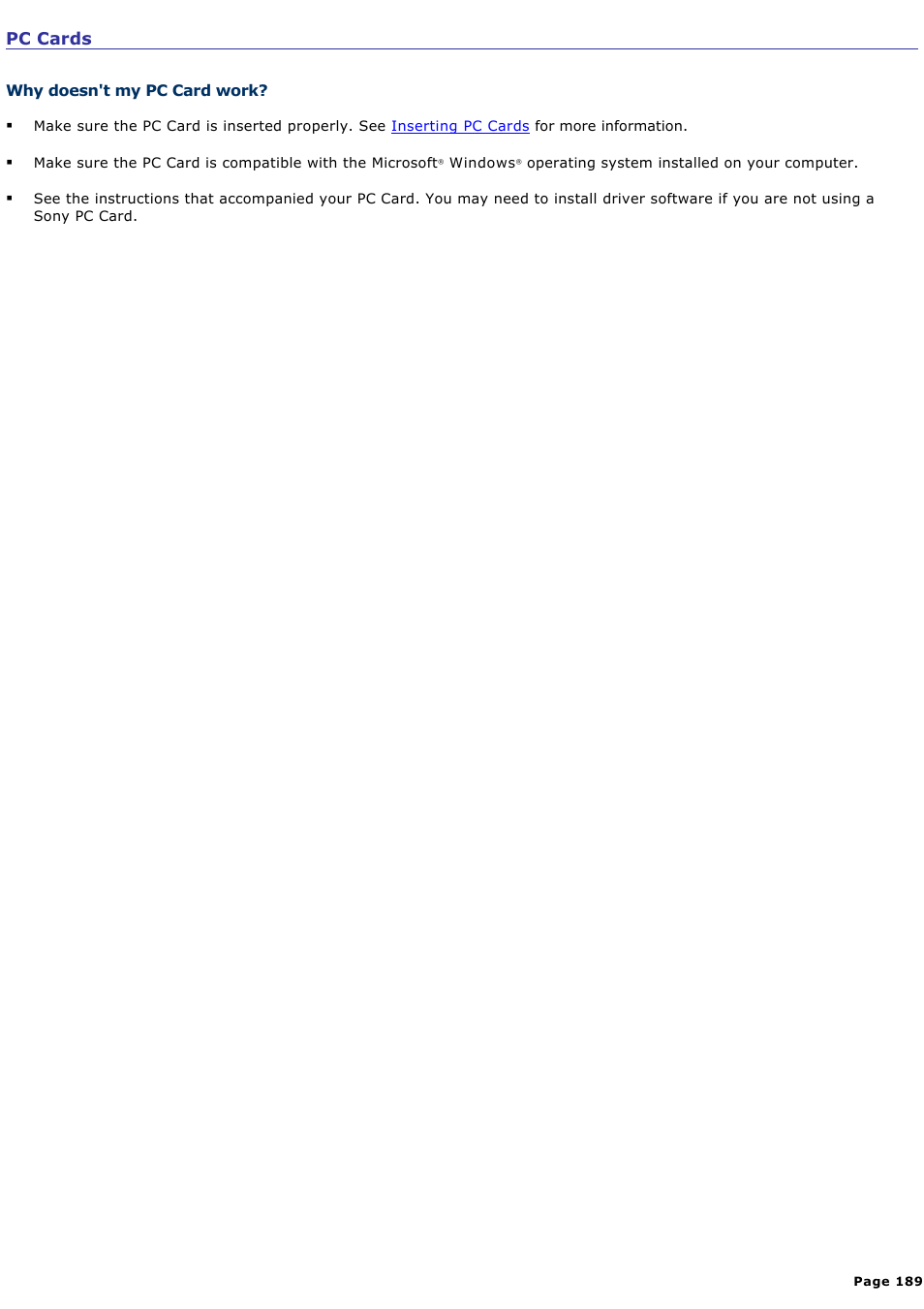 Why doesn't my pc card work, Pc cards | Sony VGN-B100P User Manual | Page 189 / 205