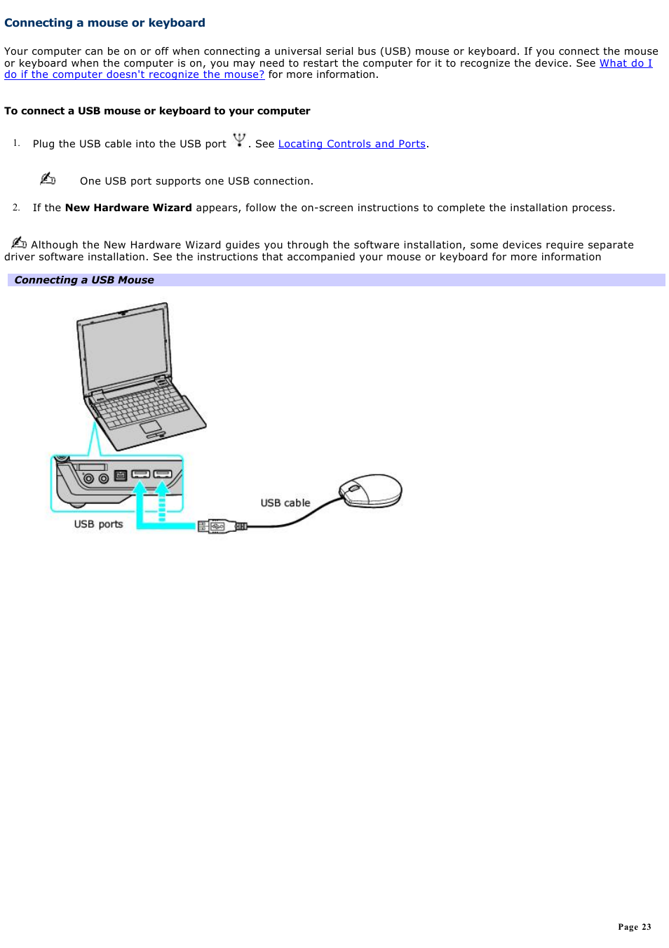 Connecting a mouse or keyboard | Sony VGN-B100P User Manual | Page 23 / 205