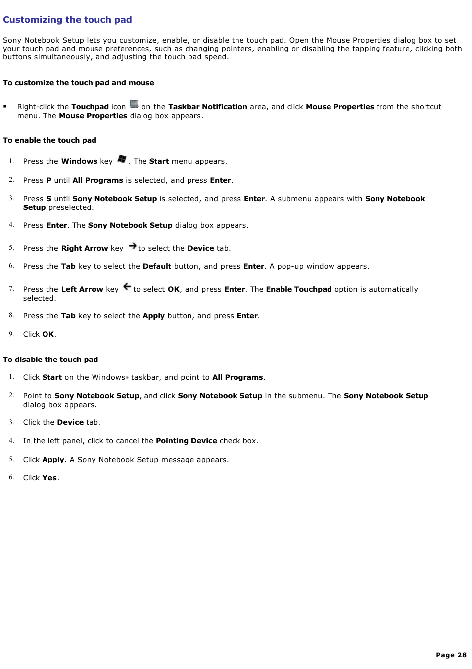 Customizing the touch pad | Sony VGN-B100P User Manual | Page 28 / 205