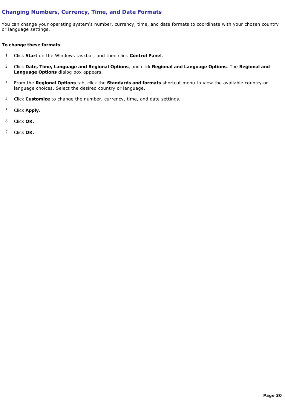Changing numbers, currency, time, and date formats | Sony VGN-B100P User Manual | Page 30 / 205