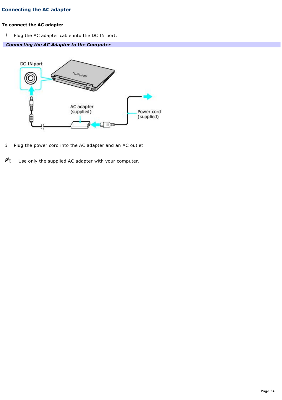Connecting the ac adapter | Sony VGN-B100P User Manual | Page 34 / 205