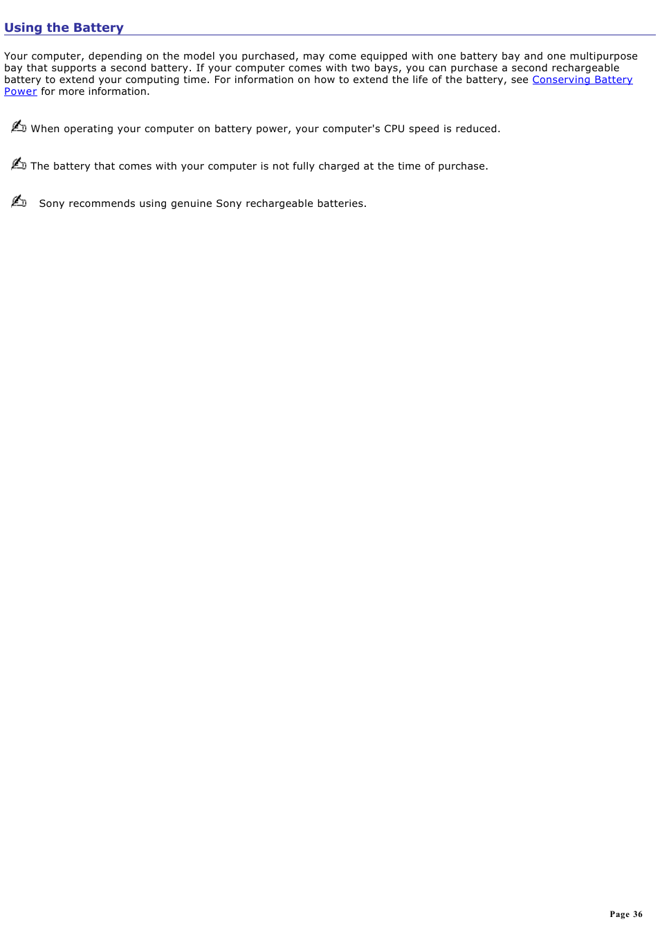 Using the battery | Sony VGN-B100P User Manual | Page 36 / 205