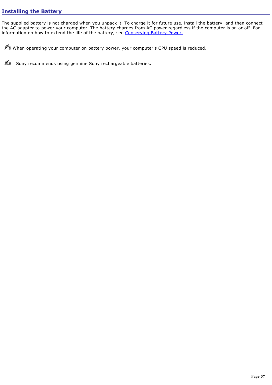 Installing the battery | Sony VGN-B100P User Manual | Page 37 / 205