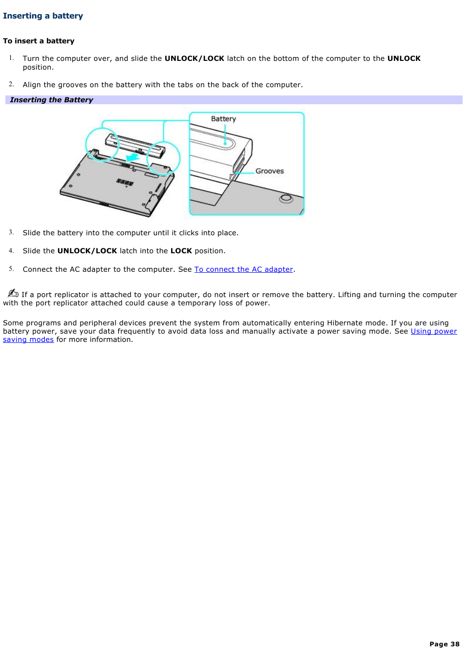Inserting a battery | Sony VGN-B100P User Manual | Page 38 / 205