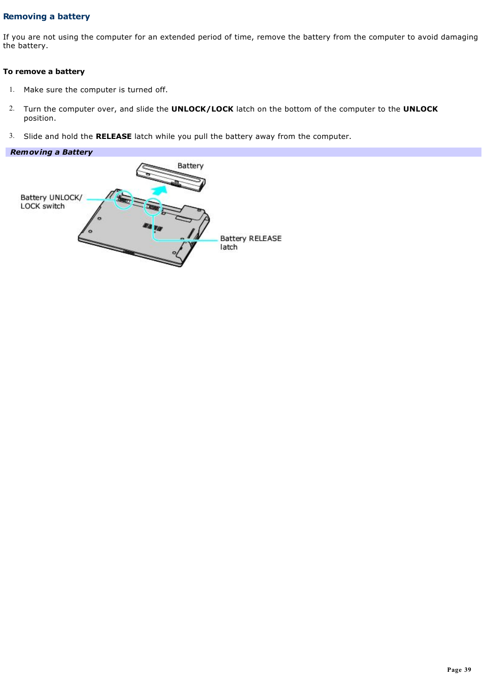 Removing a battery | Sony VGN-B100P User Manual | Page 39 / 205
