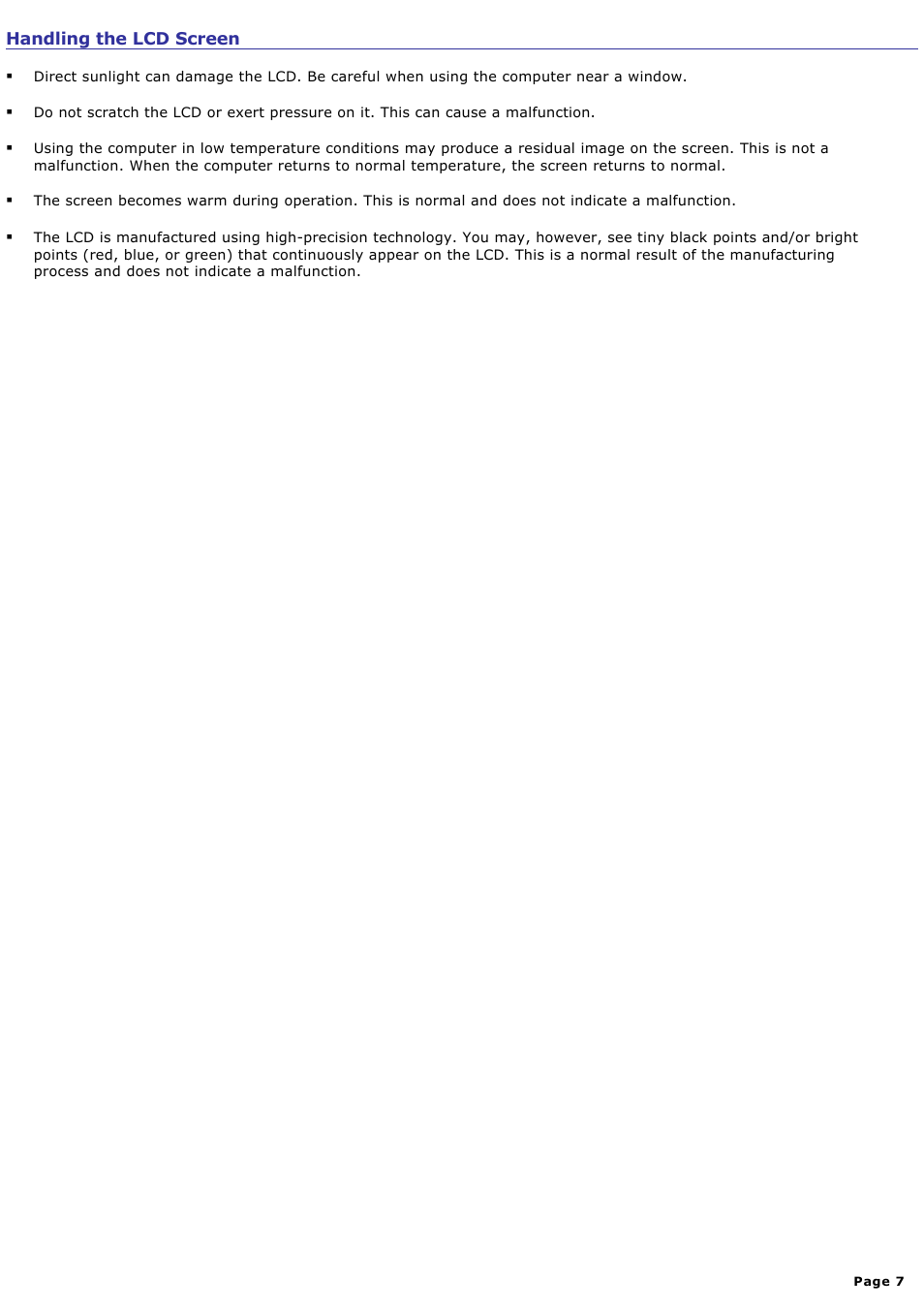 Handling the lcd screen | Sony VGN-B100P User Manual | Page 7 / 205
