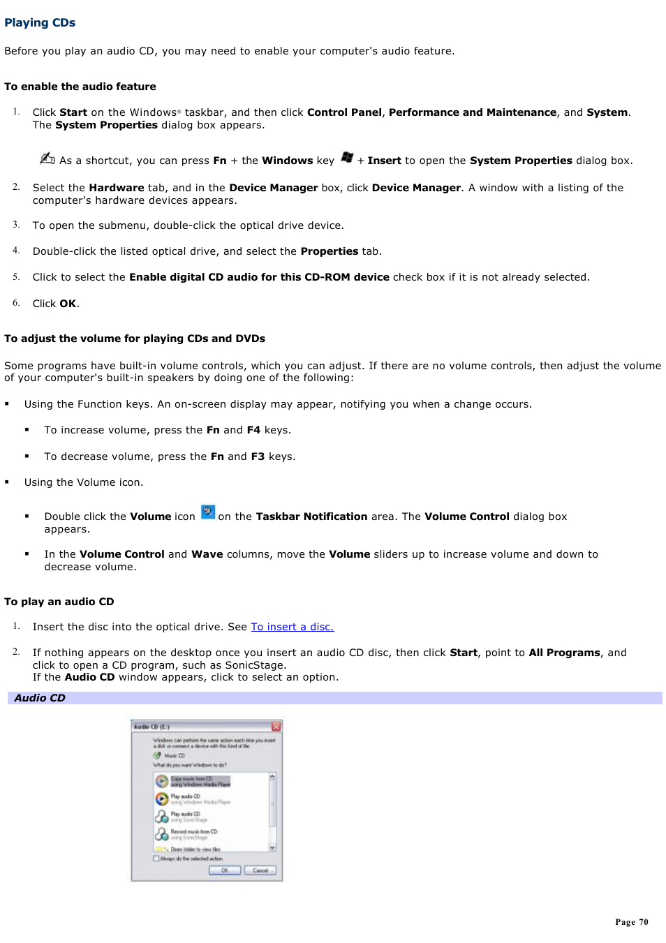 Playing cds | Sony VGN-B100P User Manual | Page 70 / 205