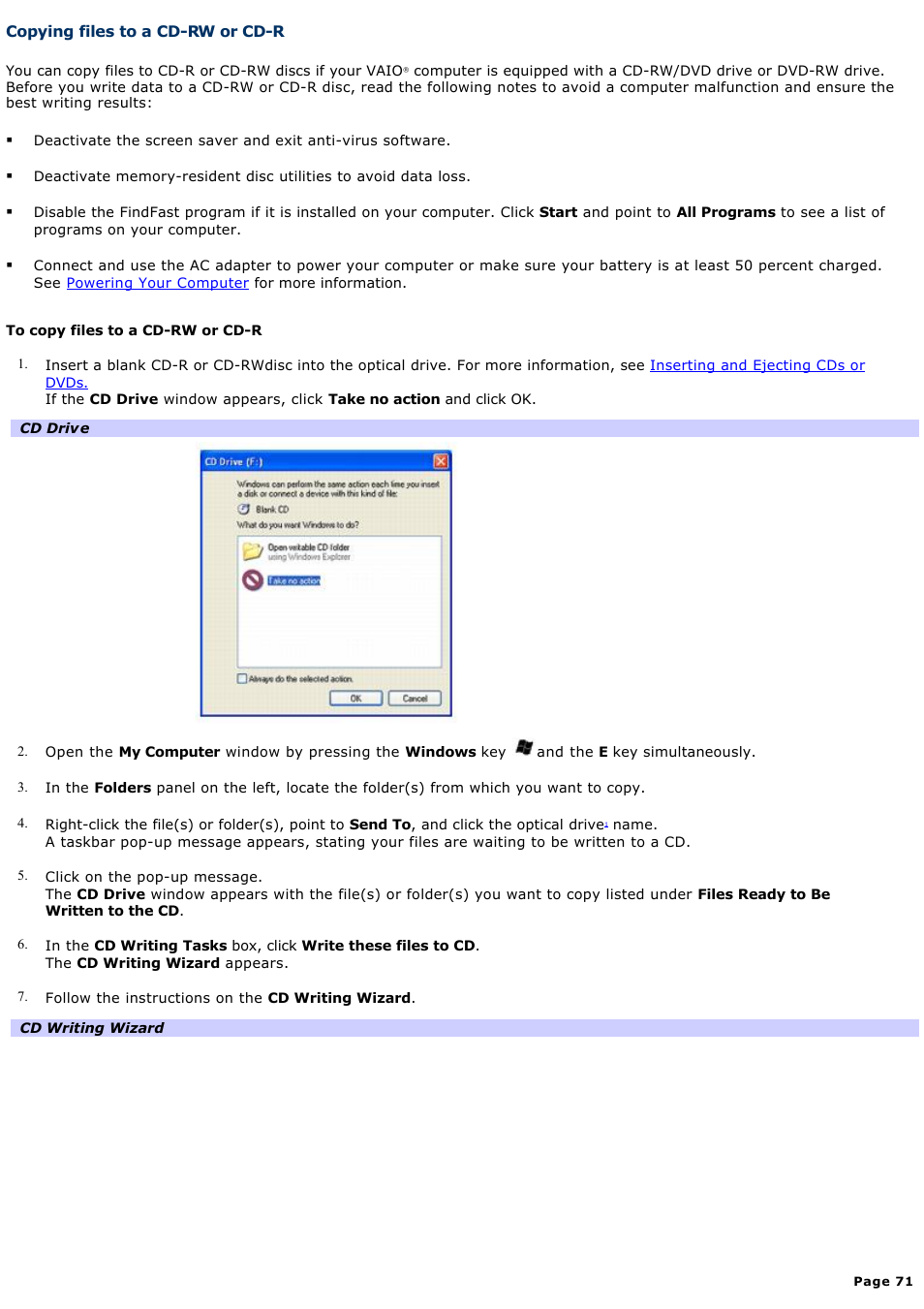 Copying files to a cd-rw or cd-r | Sony VGN-B100P User Manual | Page 71 / 205