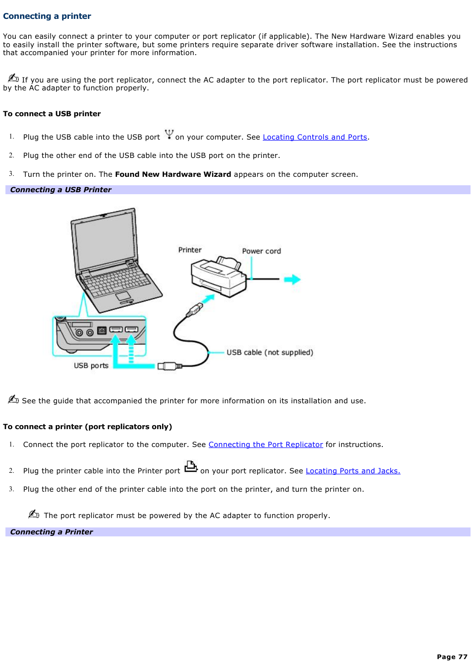 Connecting a printer | Sony VGN-B100P User Manual | Page 77 / 205