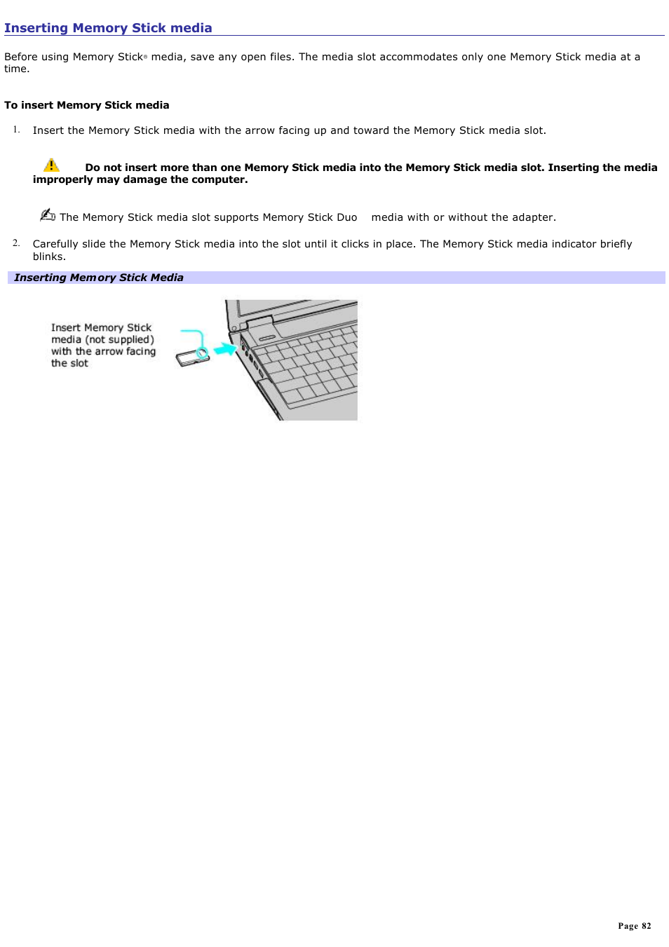 Inserting memory stick media | Sony VGN-B100P User Manual | Page 82 / 205