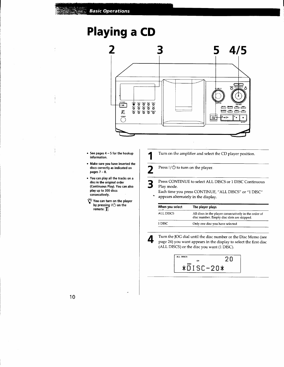 Playing a cd | Sony CDP-CX300 User Manual | Page 10 / 34