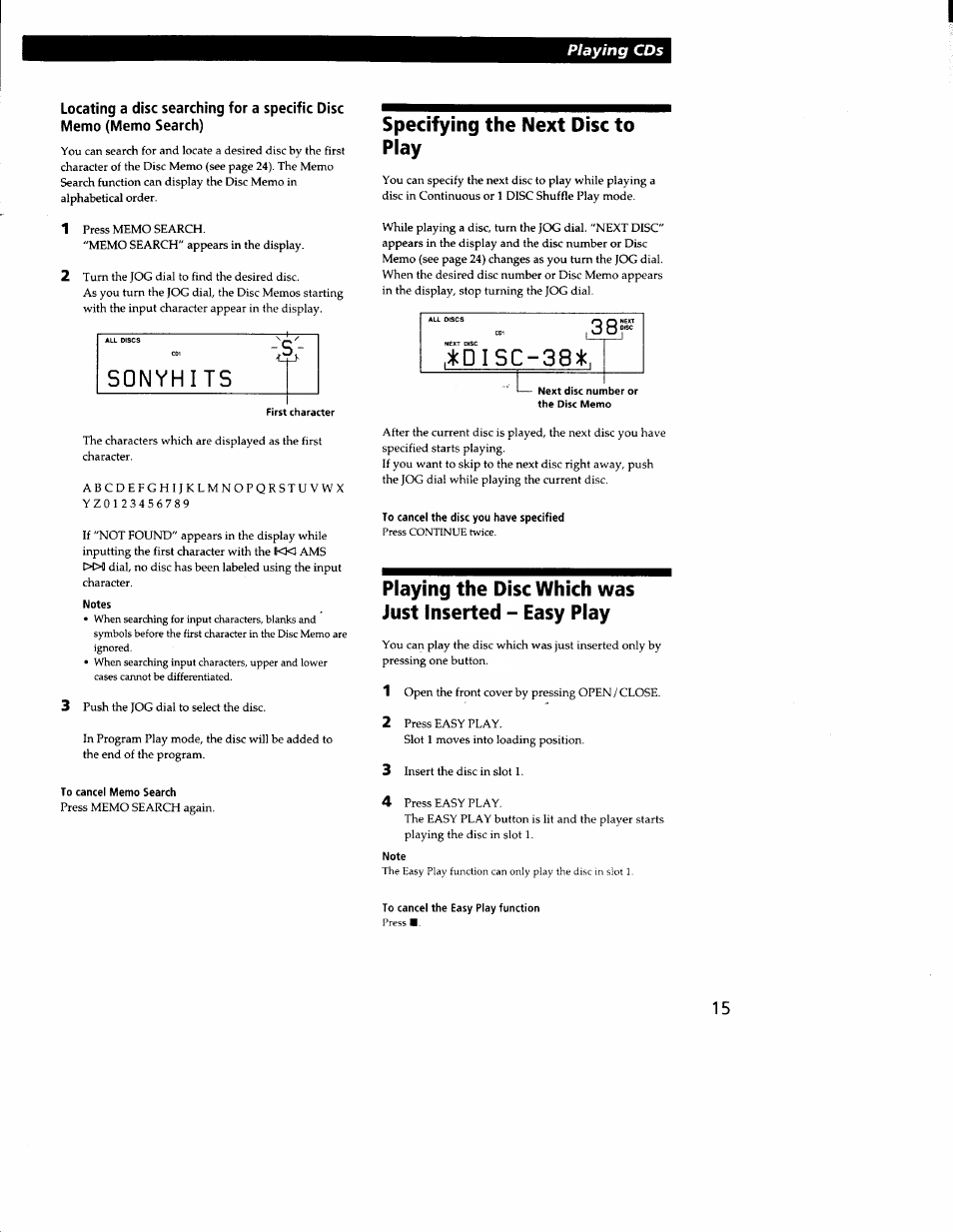 Notes, Specifying the next disc to piay, To cancel the disc you have specified | To cancel the easy play function | Sony CDP-CX300 User Manual | Page 15 / 34