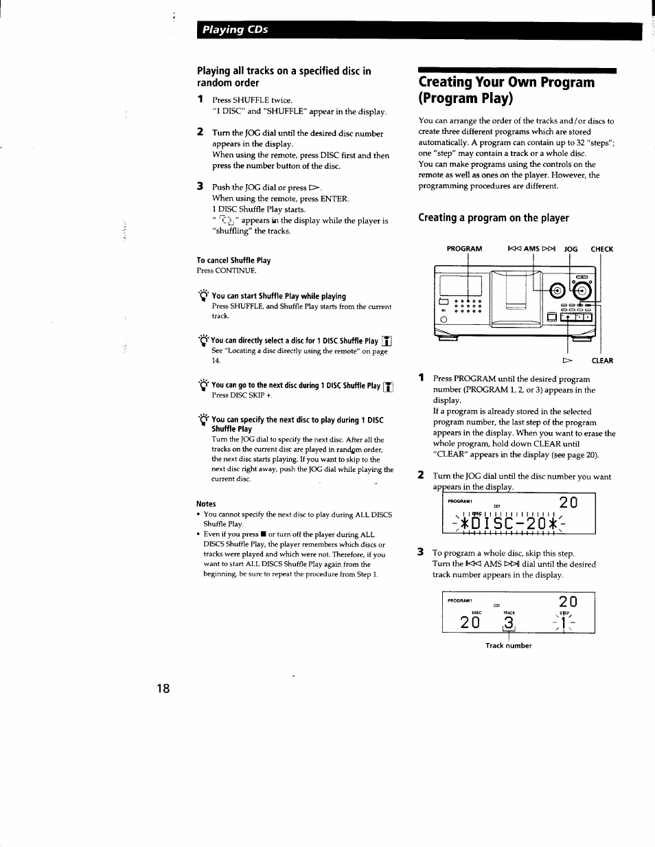 To cancel shuffle play, You can start shuffle play while playing, Notes | Creating your own program (program play), Creating a program on the player, 2 0 a | Sony CDP-CX300 User Manual | Page 18 / 34