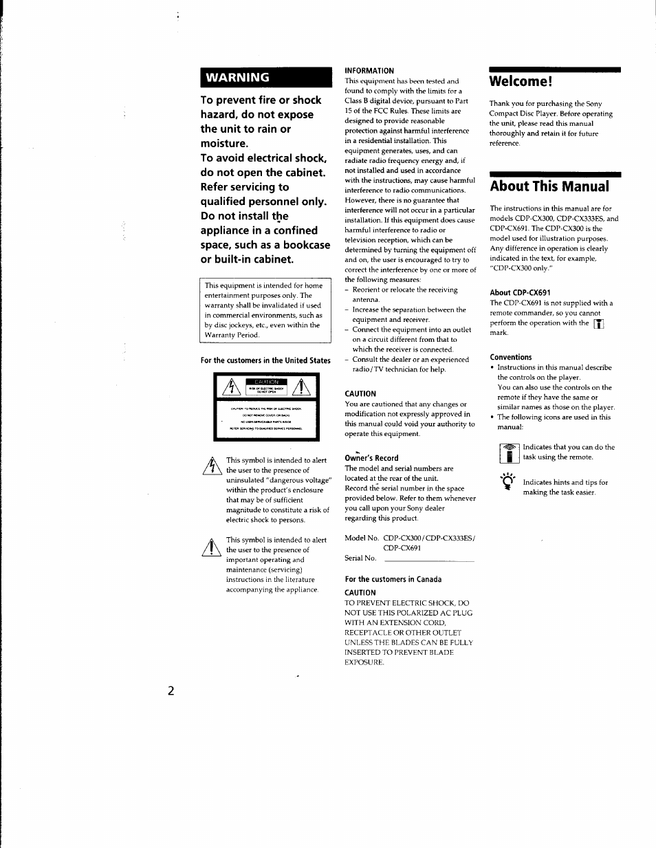 Information, Caution, Owner's record | Welcome, About this manual, About cdp-cx691, Conventions, For the customers in canada caution, Warning | Sony CDP-CX300 User Manual | Page 2 / 34