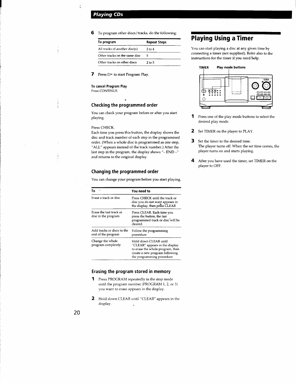 To cancel program play, Checking the programmed order, Changing the programmed order | Playing using a timer, Erasing the program stored in memory | Sony CDP-CX300 User Manual | Page 20 / 34