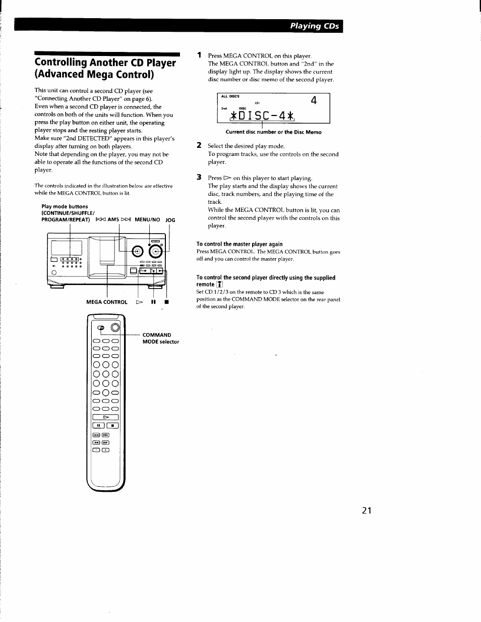 To control the master player again | Sony CDP-CX300 User Manual | Page 21 / 34