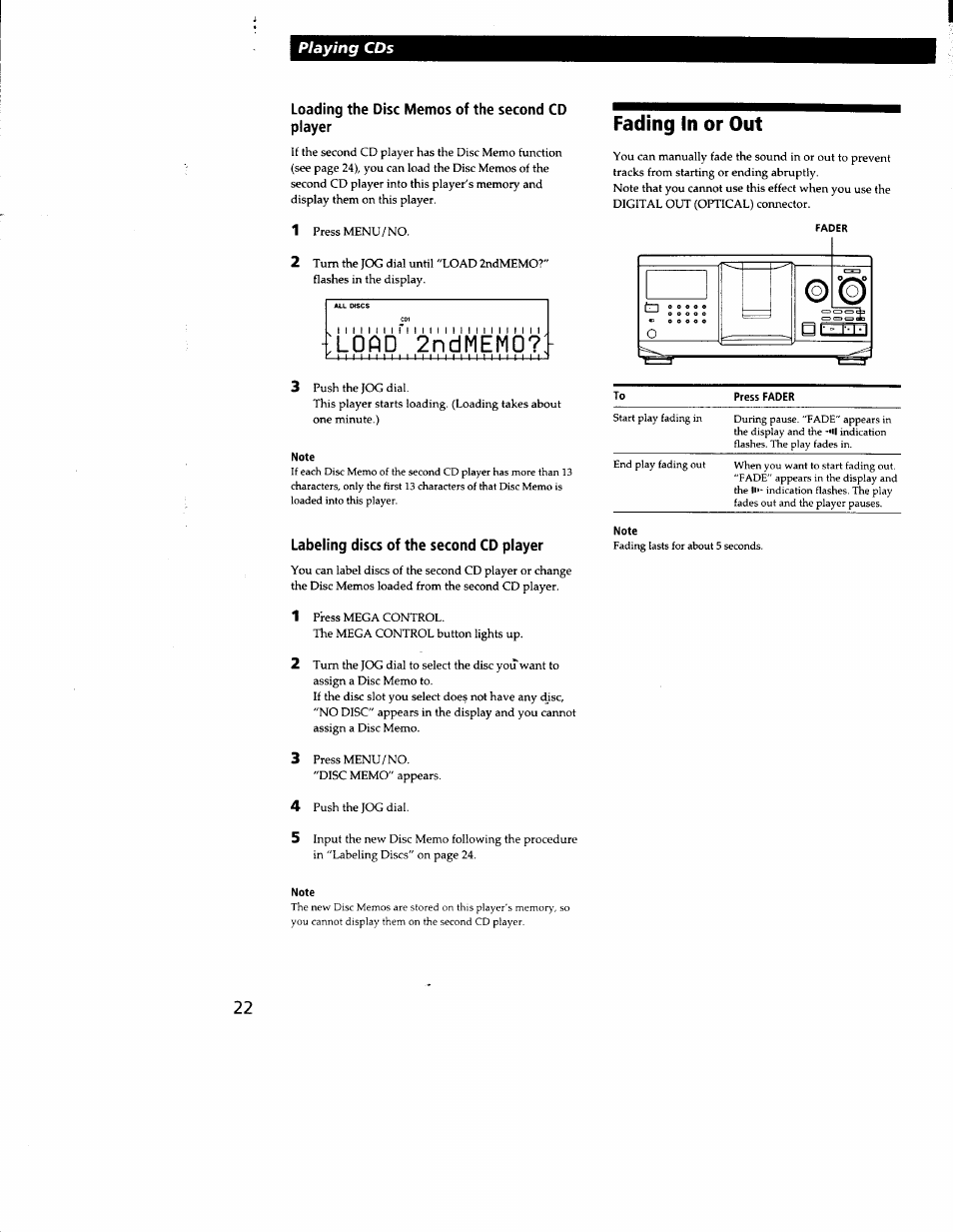 Loading the disc memos of the second cd player, Fading in or out, Note | Labeling discs of the second cd player | Sony CDP-CX300 User Manual | Page 22 / 34