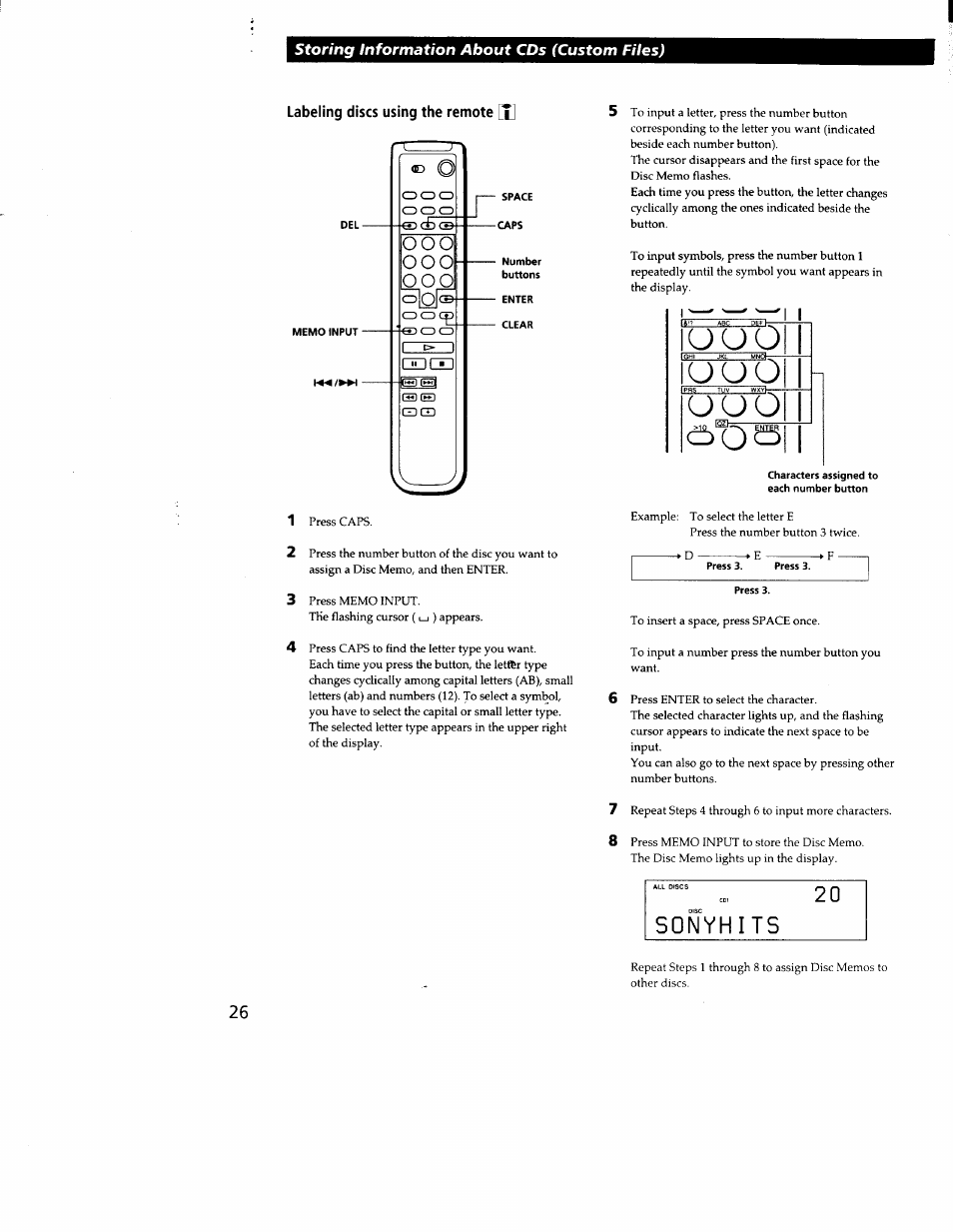 Labeling discs using the remote [xl, Iuuo, U u o | Sony CDP-CX300 User Manual | Page 26 / 34