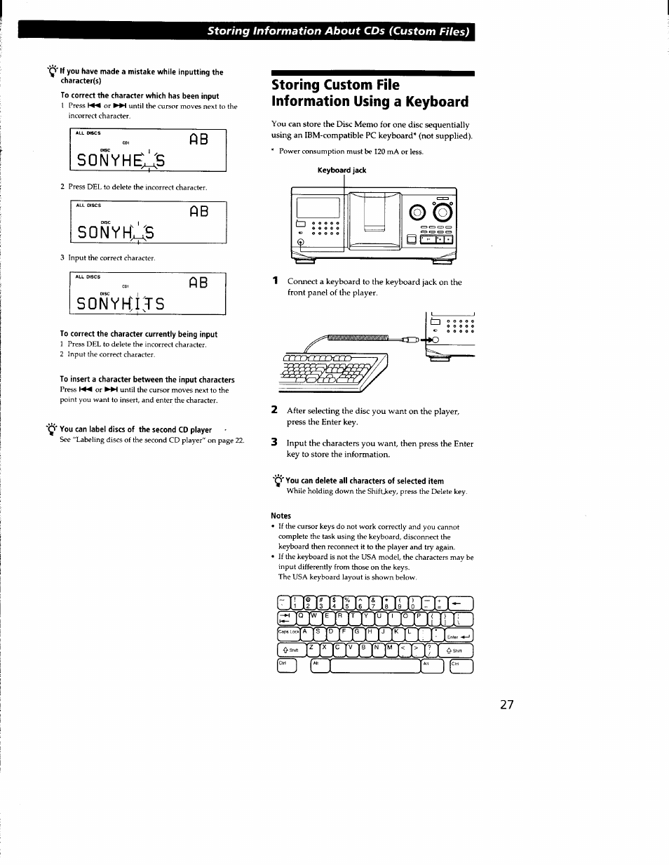 To correct the character which has been input, To correct the character currently being input, To insert a character between the input characters | 1^' you can label discs of the second cd player, Storing custom file information using a keyboard, Q'you can delete all characters of selected item, Notes, Sgnyhex5 ab, Sonyhxxs ab, Sonyh | Sony CDP-CX300 User Manual | Page 27 / 34