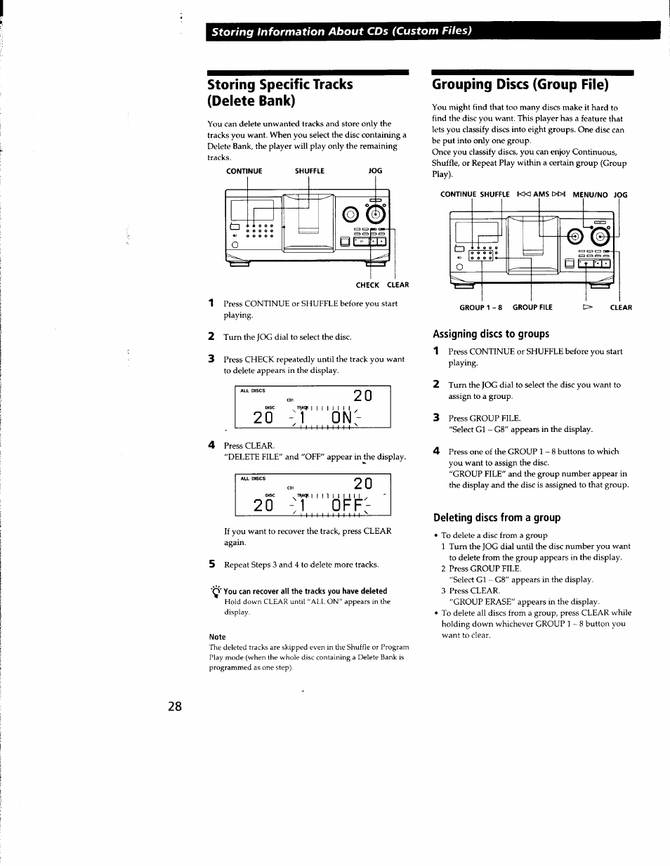 Storing specific tracks (delete bank), Grouping discs (group file), Assigning discs to groups | Deleting discs from a group, 2 0 - 1 o n, 1 o f f | Sony CDP-CX300 User Manual | Page 28 / 34