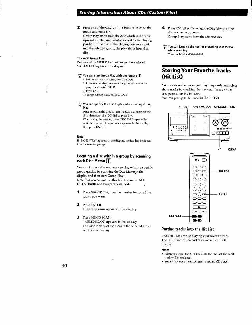 To cancel group play, Y' you can start group play with the remote di, Note | Storing your favorite tracks (hit list), Putting tracks into the hit list, Notes | Sony CDP-CX300 User Manual | Page 30 / 34