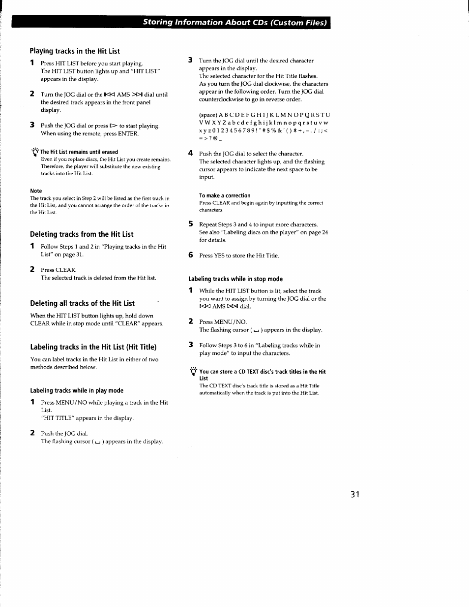 Playing tracks in the hit list, The hit list remains until erased, Note | Deleting tracks from the hit list, Deleting all tracks of the hit list, Labeling tracks in the hit list (hit title), Labeling tracks while in play mode, To make a correction, Labeling tracks while in stop mode | Sony CDP-CX300 User Manual | Page 31 / 34