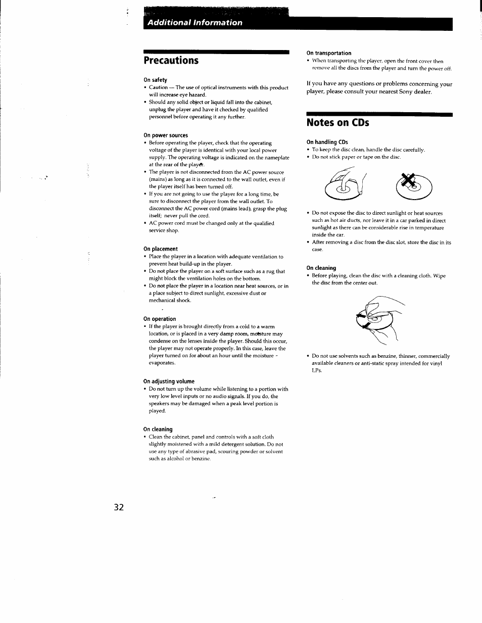 Precautions, On safety, On power sources | On placement, On operation, On adjusting volume, On cleaning, On transportation, Notes on cds, On handling cds | Sony CDP-CX300 User Manual | Page 32 / 34