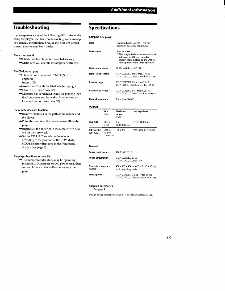 Troubleshooting, There is no sound, The cd does not play | The remote does not function, The player functions incorrectly, Specifications | Sony CDP-CX300 User Manual | Page 33 / 34