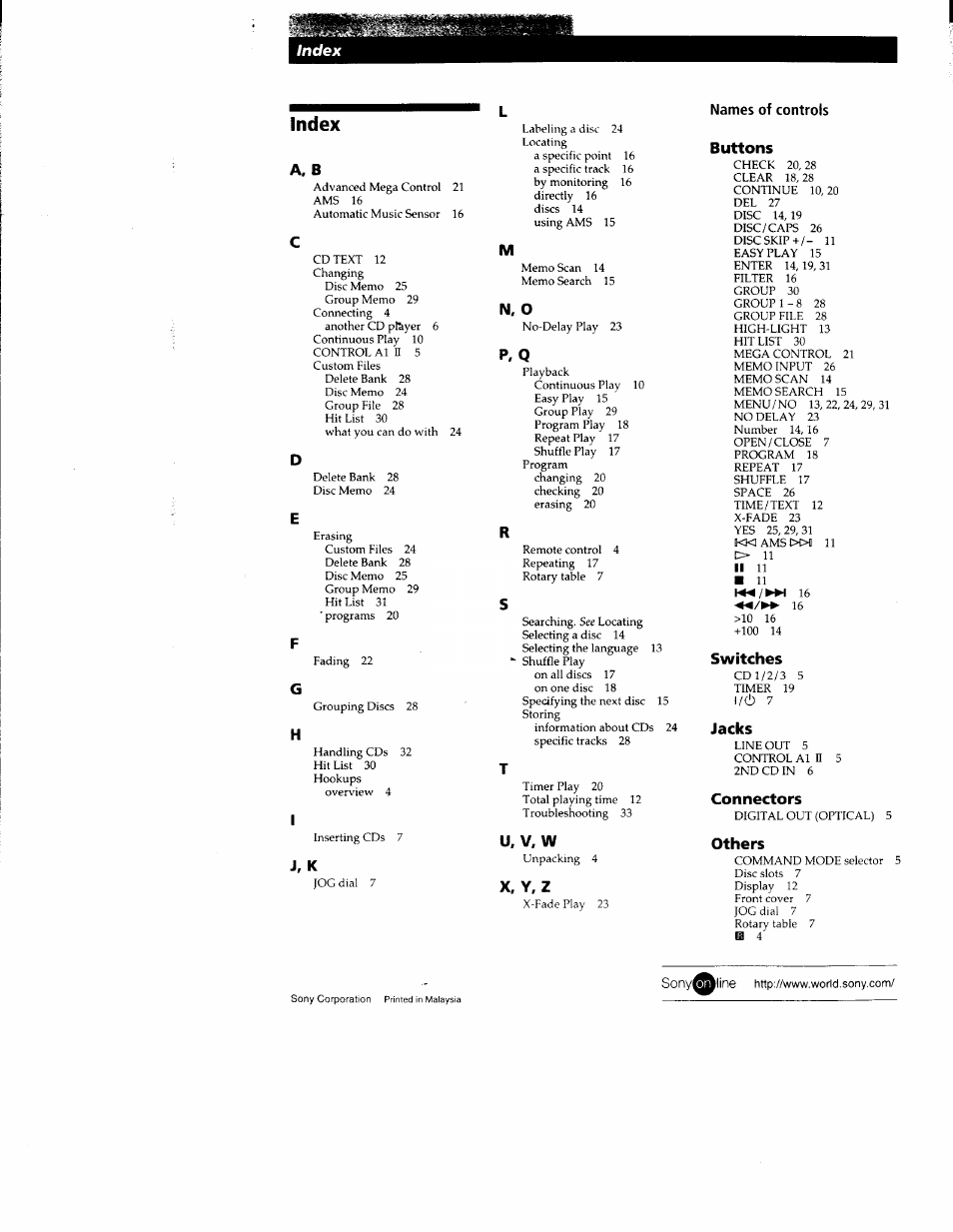 Index, U. v, w, X. y, z | Names of controls, P, q | Sony CDP-CX300 User Manual | Page 34 / 34