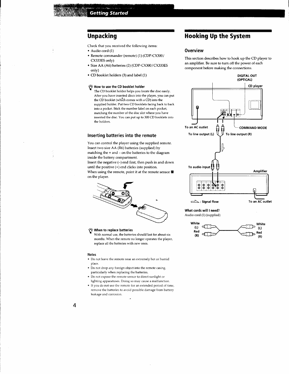 How to use the cd booklet holder, Inserting batteries into the remote, When to replace batteries | Notes, Hooking up the system, Overview, What cords will i need, Unpacking | Sony CDP-CX300 User Manual | Page 4 / 34