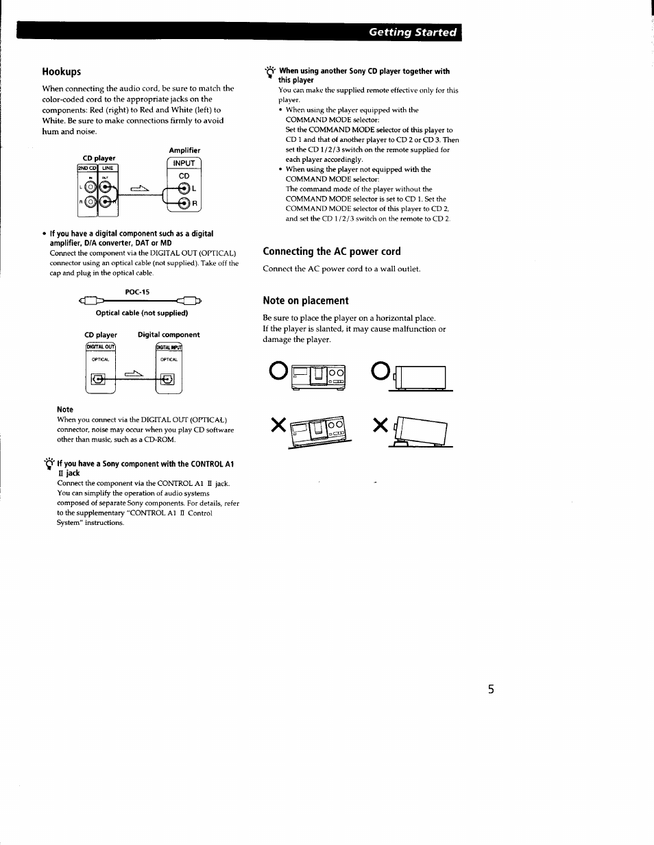 Hookups, Connecting the ac power cord, Note on placement | Note, Getting started | Sony CDP-CX300 User Manual | Page 5 / 34