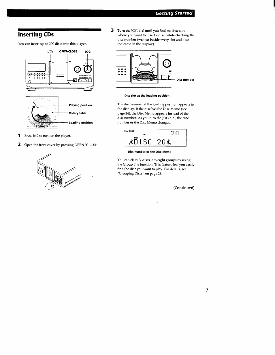 Continued), Inserting cds | Sony CDP-CX300 User Manual | Page 7 / 34