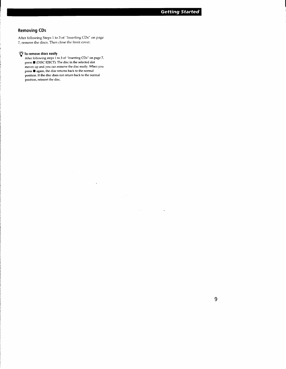 Removing cds, Y' to remove discs easily | Sony CDP-CX300 User Manual | Page 9 / 34