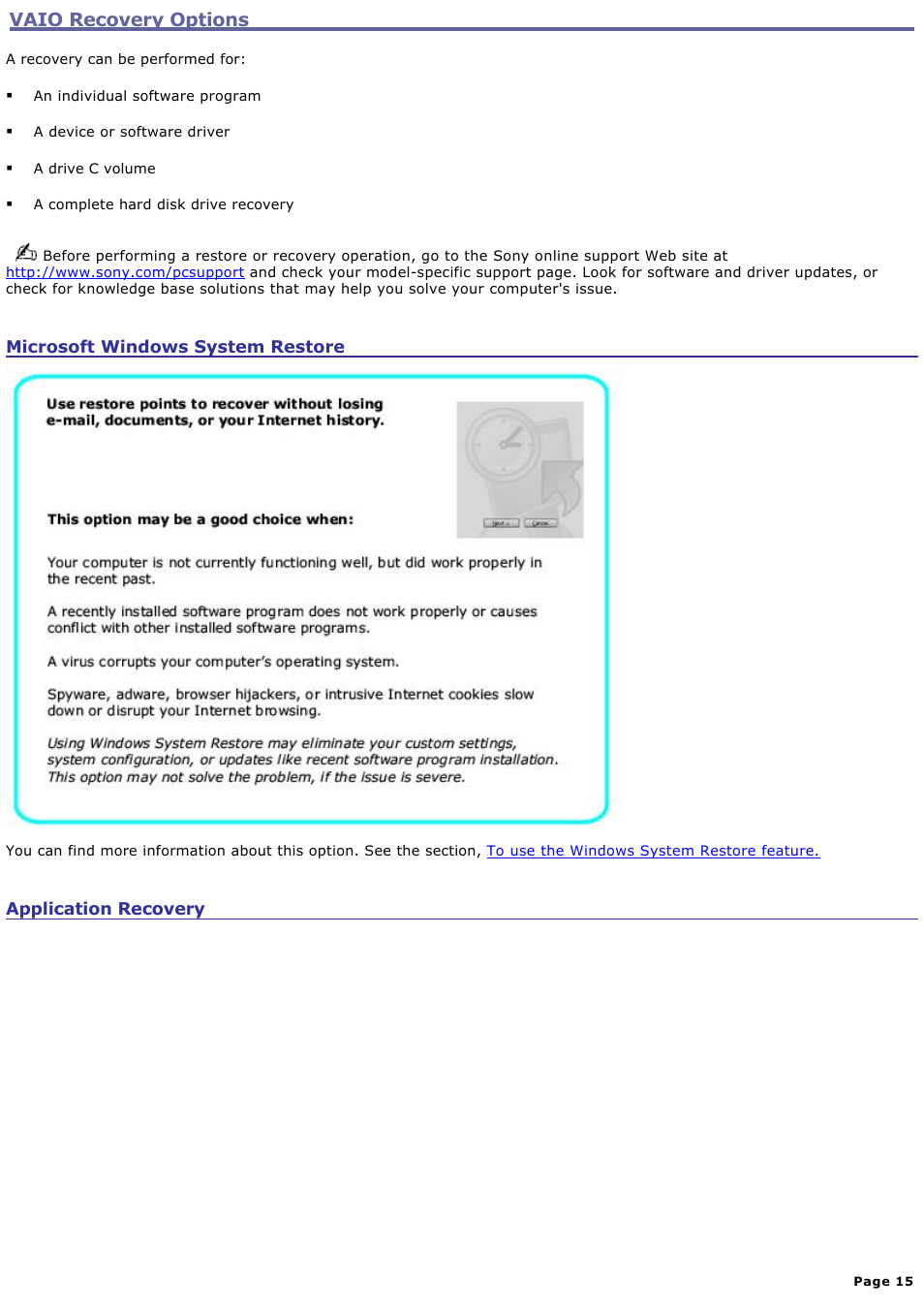 Complete hard disk drive recovery, Vaio recovery options | Sony VGN-T340P User Manual | Page 15 / 49