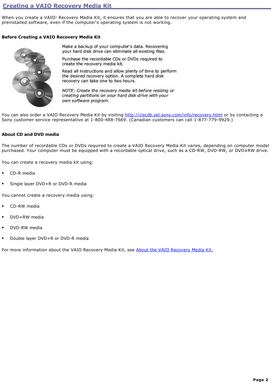 Creating a vaio recovery media kit | Sony VGN-T340P User Manual | Page 2 / 49