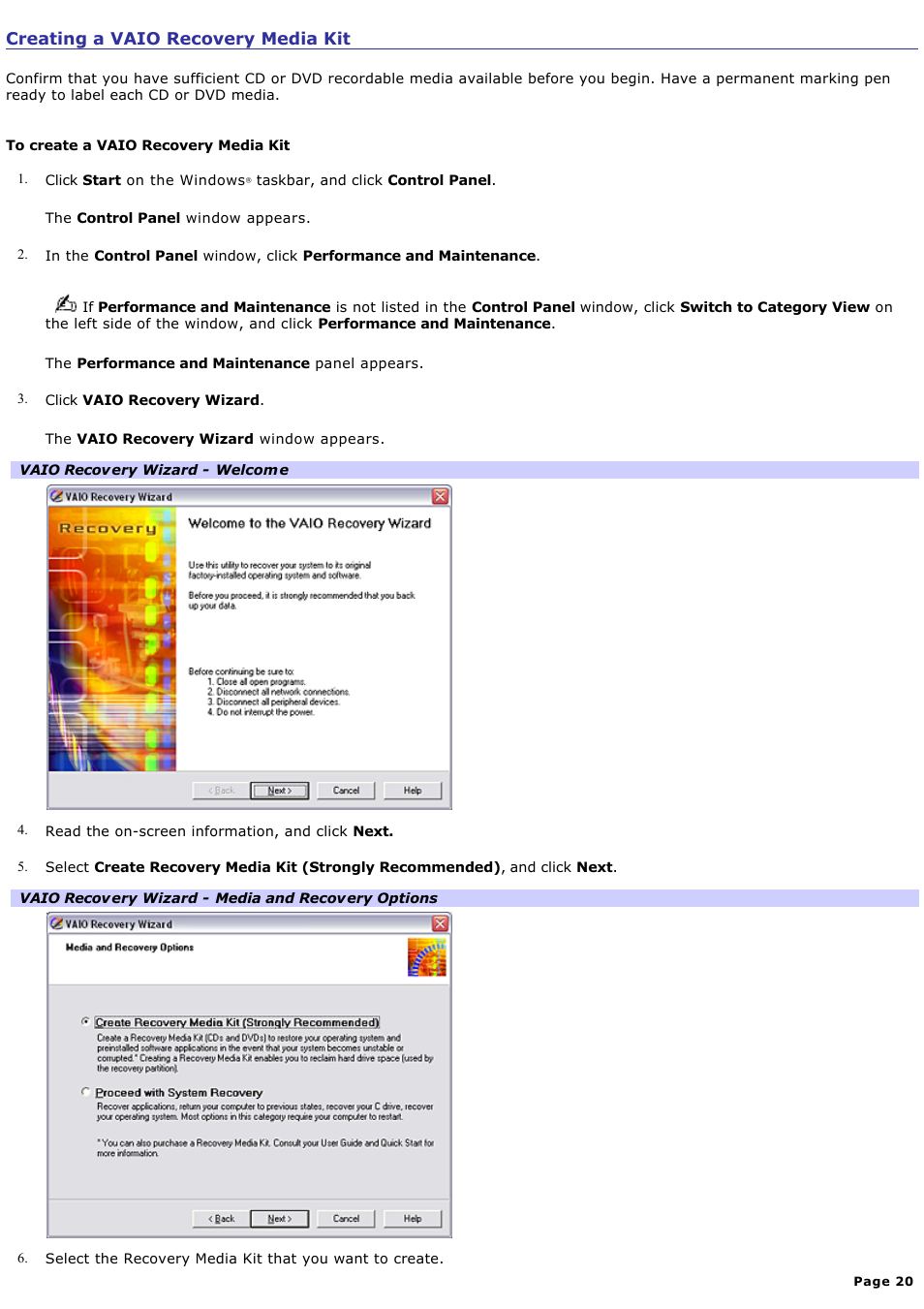 Creating a vaio recovery media kit | Sony VGN-T340P User Manual | Page 20 / 49