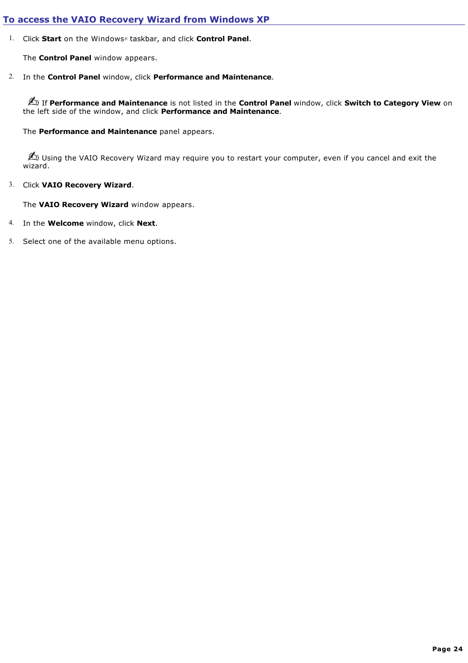 To access the vaio recovery wizard from windows xp | Sony VGN-T340P User Manual | Page 24 / 49