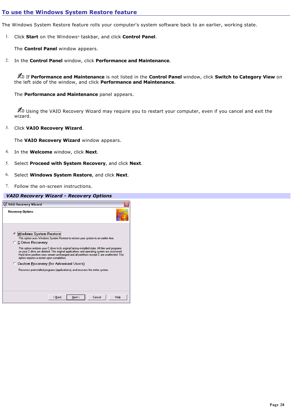 To use the windows system restore feature | Sony VGN-T340P User Manual | Page 28 / 49