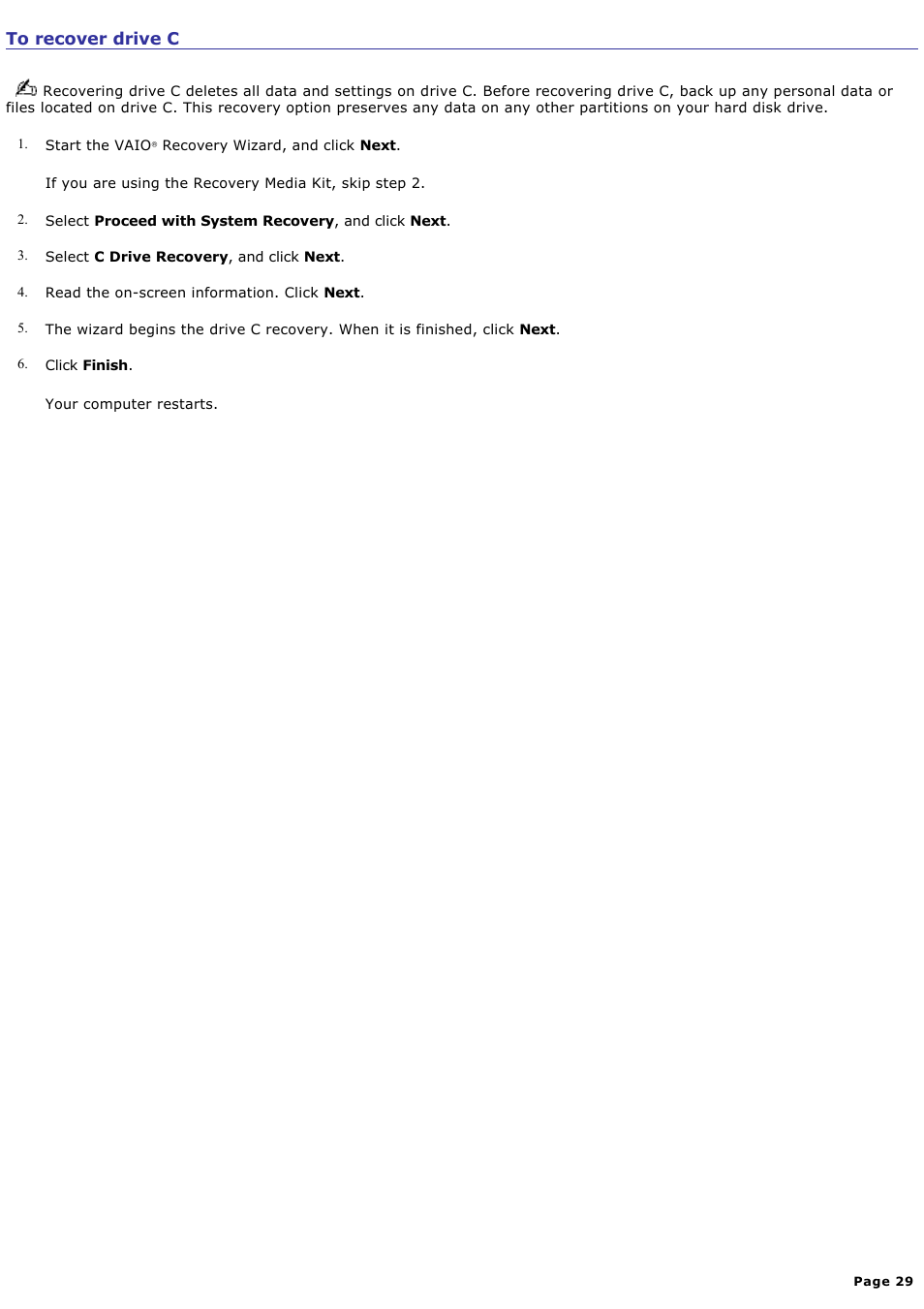 To recover drive c | Sony VGN-T340P User Manual | Page 29 / 49