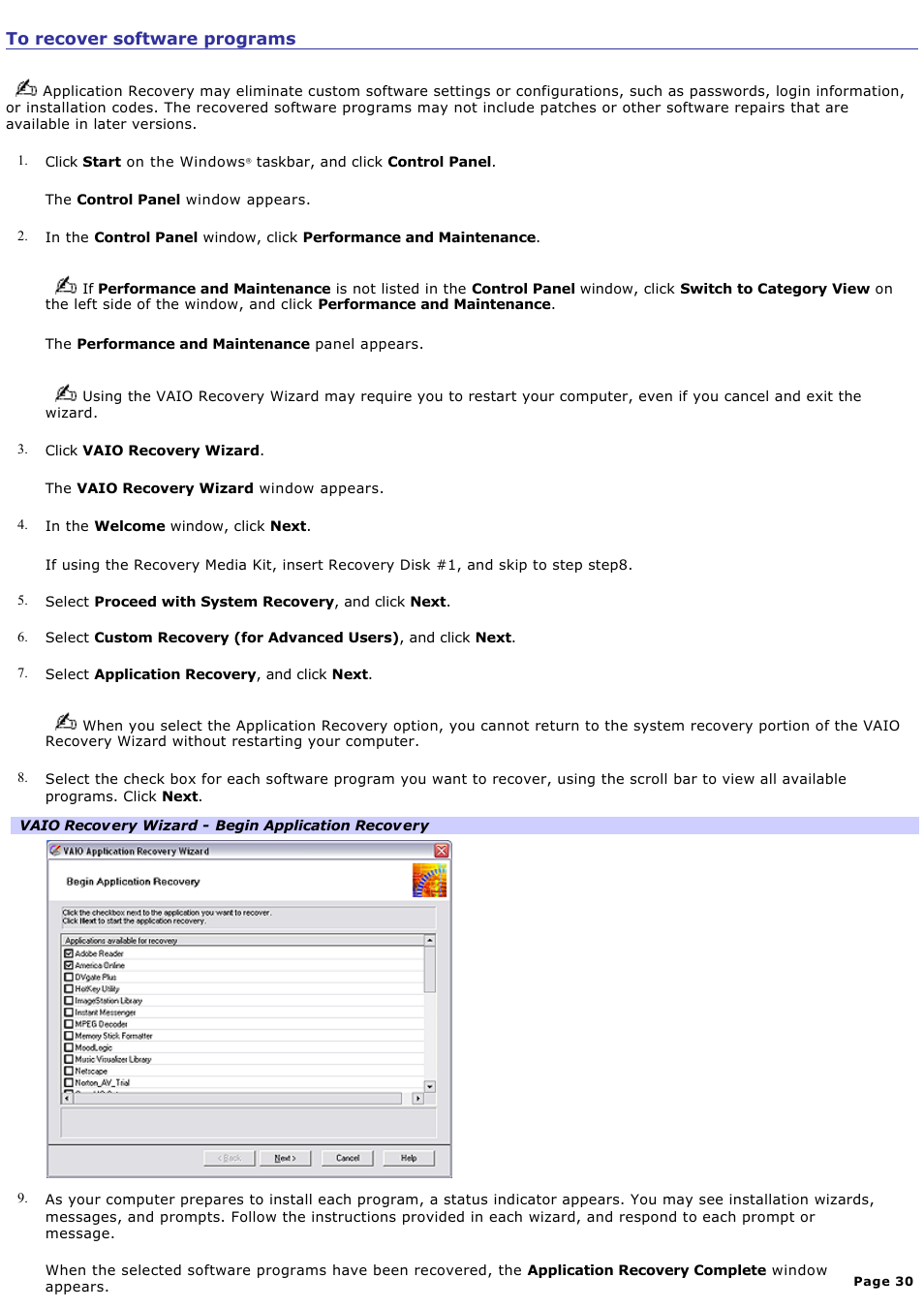 To recover software programs | Sony VGN-T340P User Manual | Page 30 / 49