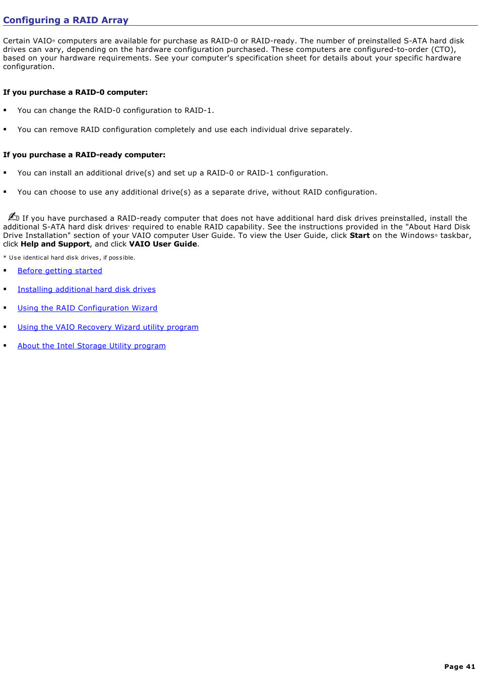 Configuring a raid array | Sony VGN-T340P User Manual | Page 41 / 49