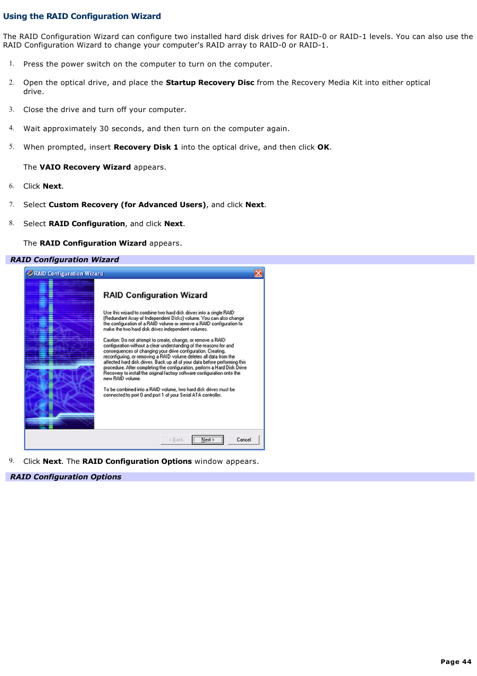 Using the raid configuration wizard | Sony VGN-T340P User Manual | Page 44 / 49