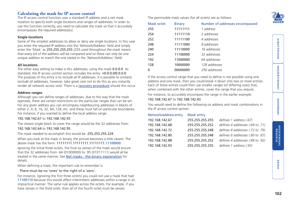 Calculating the mask for ip access control, Mask | Adder Technology AdderView CATx EPS-S8 User Manual | Page 103 / 115