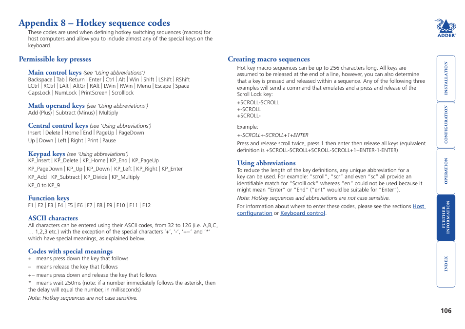 Appendix 8 – hotkey sequence codes, Permissible key presses, Creating macro sequences | Permissible key presses creating macro sequences, Appendix 8, Hotkey sequence codes | Adder Technology AdderView CATx EPS-S8 User Manual | Page 107 / 115